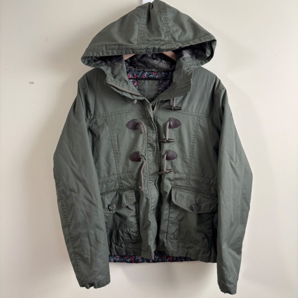 Aeropostale Olive Green Toggle Utility Jacket Floral Quilted Lining Hooded XL